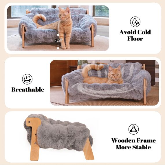 Cheerpals Katzenhängematte Katzenbett für Große Katzen - Freistehende Katzenliege aus Buchenholz gegen Umkippen - Waschbarer Schlafplatz für Indoor & Fenster - 70x47x30 cm, Weiß/Grau/Khaki