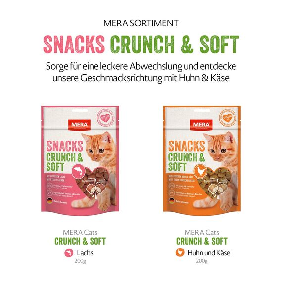 mera Crunch & Soft mit Lachs, 200g köstliche Katzen Leckerlies, nahrhafter Katzensnack voller Vitamine und Mineralien, krosse Kissen mit cremiger Füllung