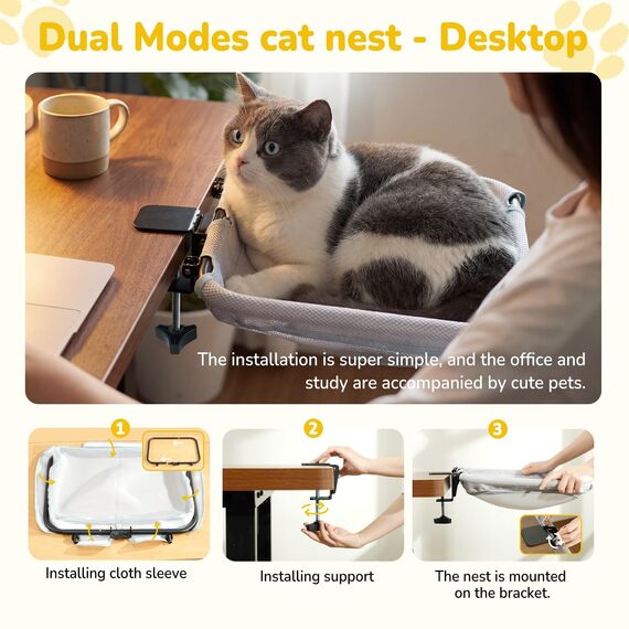 CATISM 2-in-1 Katzenbett für Schreibtisch & Faltbare Katzen Hängematte bis 18 kg, Katzen Fensterliege Hängematte Waschbarer Verstellbare Katzen Schreibtisch Bett Verstärkte Katzenhängematte