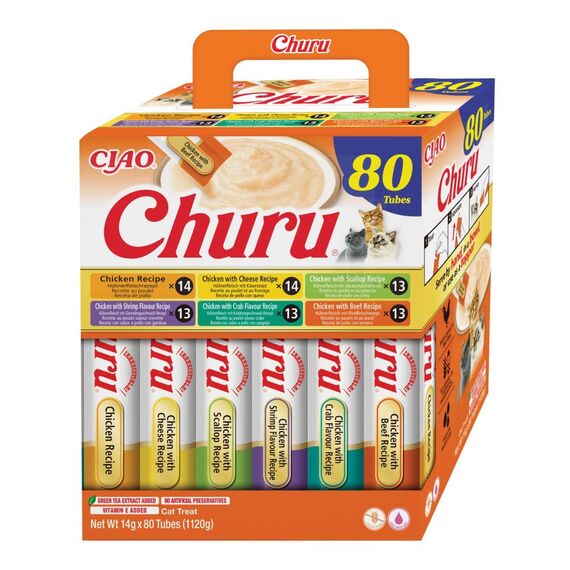 INABA Churu Katzenleckerlis Creamy Snack, Variety Box mit Huhn, Keine Nebenerzeugnisse, Getreidefrei, Zuckerfrei, Kalorienarm, Fleisch, Premium Katzen Leckerlies 14 g x 80