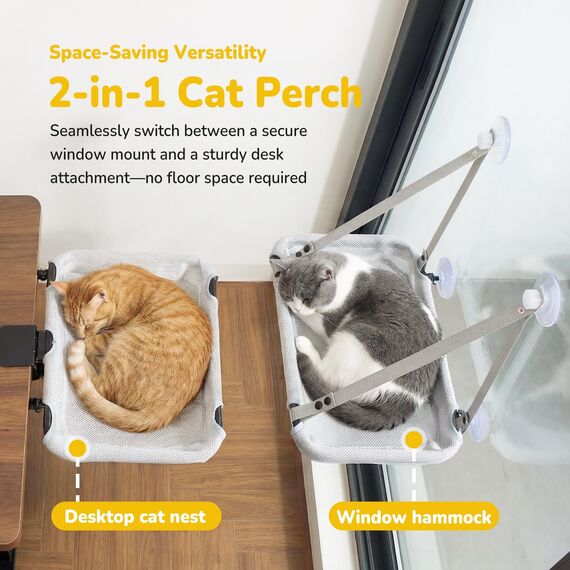 CATISM 2-in-1 Katzenbett für Schreibtisch & Faltbare Katzen Hängematte bis 18 kg, Katzen Fensterliege Hängematte Waschbarer Verstellbare Katzen Schreibtisch Bett Verstärkte Katzenhängematte