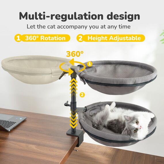 CATISM 2 Katzenbett für Schreibtisch - 360° drehbar & höhenverstellbar katzenkorb, Katzenhängematte mit 4 waschbaren Bezügen Katzenschlafplatz für Homeoffice (Grau) bis 40 LBS