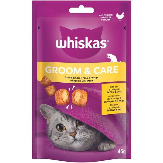 Whiskas Groom & Care Katzensnacks im Portionsbeutel für ausgewachsene Katzen mit Huhn 8x45g