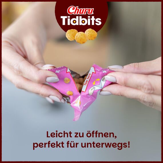 INABA Churu Tidbits Cat Treats für kleine Katzen, Hochwertige Proteine mit Huhn, Getreidefrei, Zuckerfrei Katzen Leckerlies, Weiche und zähe Katzenleckerlis in kleinen Häppchen 96 g (1er Pack)