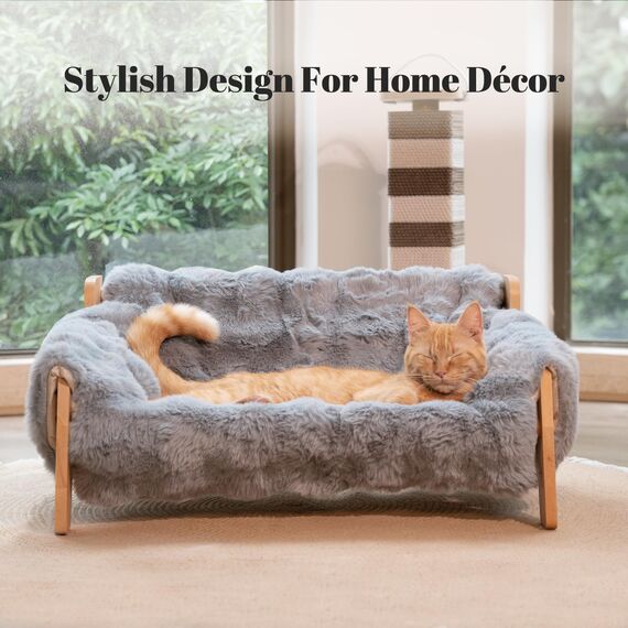 Cheerpals Katzenhängematte Katzenbett für Große Katzen - Freistehende Katzenliege aus Buchenholz gegen Umkippen - Waschbarer Schlafplatz für Indoor & Fenster - 70x47x30 cm, Weiß/Grau/Khaki