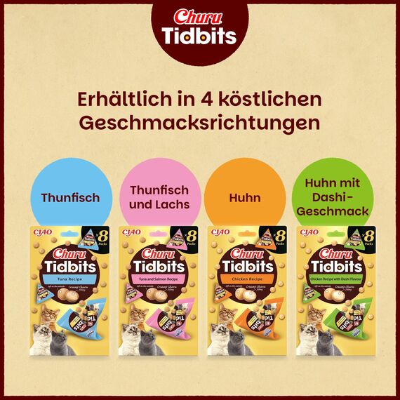 INABA Churu Tidbits Cat Treats für kleine Katzen, Hochwertige Proteine mit Huhn, Getreidefrei, Zuckerfrei Katzen Leckerlies, Weiche und zähe Katzenleckerlis in kleinen Häppchen 96 g (1er Pack)