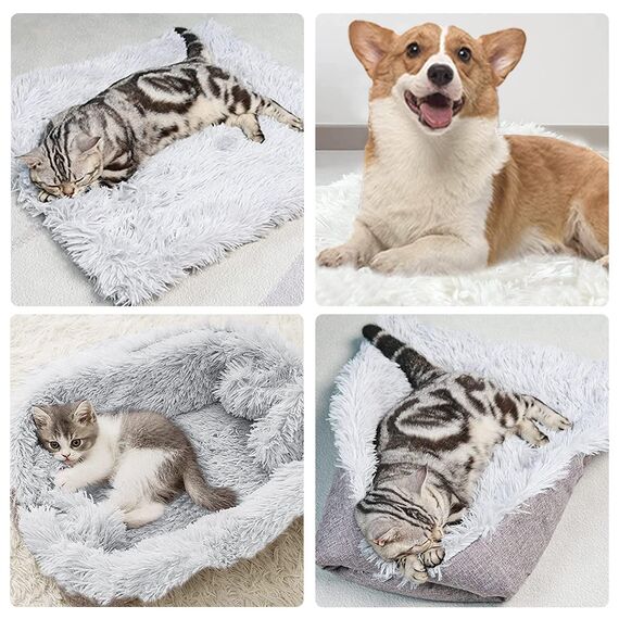 VERTUPET Katzenbett 2 in 1 Flauschig katzenkissen Plüsch Weich Katzenkissen Waschbar Schlafplatz Katzensofa, Haustierbett Hundebett Katzendecke für Katze und Kleine Hunde (Grau)