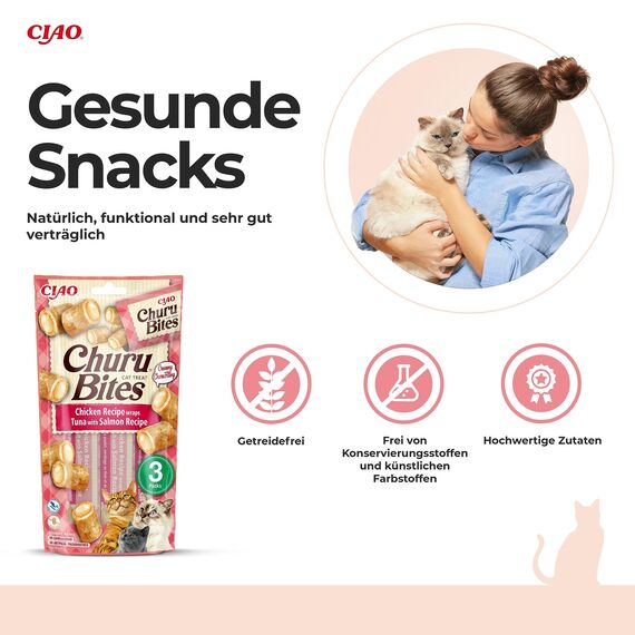 INABA Churu Bites - Katzensnacks in Knuspertaschen mit Cremiger Füllung - Leckerchen in Portionen aus Thunfisch & Lachs, 3 Tuben x10g (Packung mit 3)