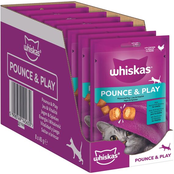 Whiskas Pounce & Play Katzensnacks im Portionsbeutel für ausgewachsene Katzen mit Huhn 8x45g