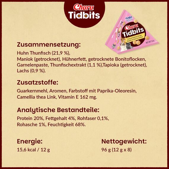 INABA Churu Tidbits Cat Treats für kleine Katzen, Hochwertige Proteine mit Thunfisch, Getreidefrei, Zuckerfrei Katzen Leckerlies, Weiche und zähe Katzenleckerlis in kleinen Häppchen 96 g (1er Pack)