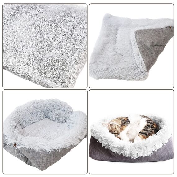 VERTUPET Katzenbett 2 in 1 Flauschig katzenkissen Plüsch Weich Katzenkissen Waschbar Schlafplatz Katzensofa, Haustierbett Hundebett Katzendecke für Katze und Kleine Hunde (Grau)