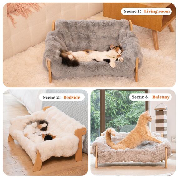 Cheerpals Katzenhängematte Katzenbett für Große Katzen - Freistehende Katzenliege aus Buchenholz gegen Umkippen - Waschbarer Schlafplatz für Indoor & Fenster - 70x47x30 cm, Weiß/Grau/Khaki