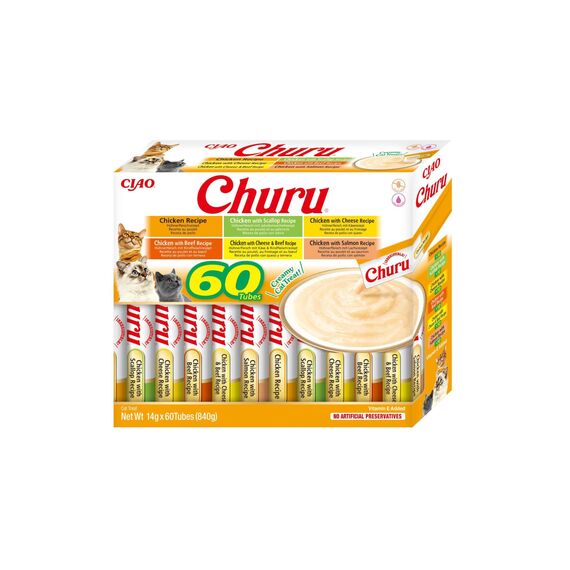 INABA Churu Premium Cremige Katzen Schleckies mit Huhn, Ohne Zucker und Getreide, Keine Nebenerzeugnisse, Kalorienarm, Hochwertige Zutaten, Besten Katzen Leckerlies für den Tierarzt 60 x 14g