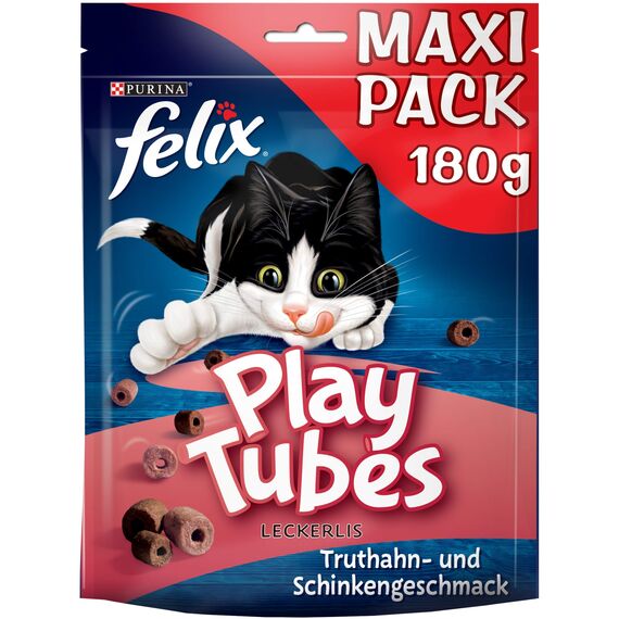 Felix Play Tubes Katzensnack, Leckerli zum Spielen, mit Truthahn- und Schinkengeschmack, 5er Pack (5 x 180g)
