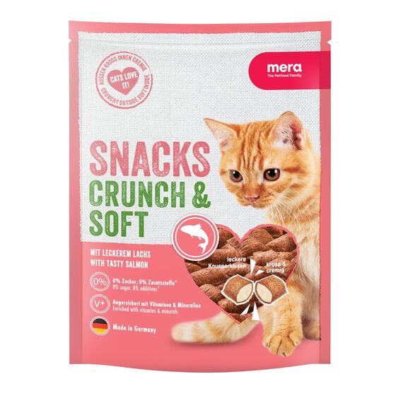 MERA Crunch & Soft mit Lachs, 200g köstliche Katzen Leckerlies, nahrhafter Katzensnack voller Vitamine und Mineralien, krosse Kissen mit cremiger Füllung (Packung mit 4)
