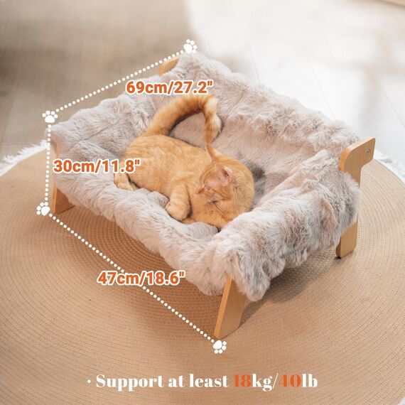 Cheerpals Katzenhängematte Katzenbett für Große Katzen - Freistehende Katzenliege aus Buchenholz gegen Umkippen - Waschbarer Schlafplatz für Indoor & Fenster - 70x47x30 cm, Weiß/Grau/Khaki