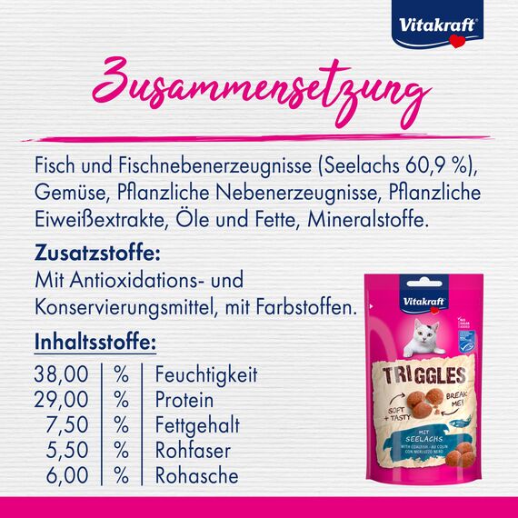 Vitakraft Triggles, Katzensnack, mit Seelachs, portionierbar in DREI Häppchen, ideal als Belohnung oder Training, ohne Zuckerzusatz (1x 40g) (Packung mit 2)