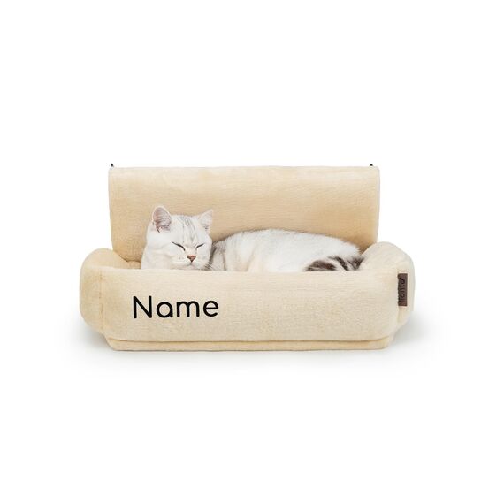lionto Katzenheizungsliege mit kuscheligem Plüschbezug, Katzenbett zum Einhängen mit Metallhaken für alle gängigen Heizungen, waschbare und gemütliche Katzenhängematte, beige (Namensaufdruck)