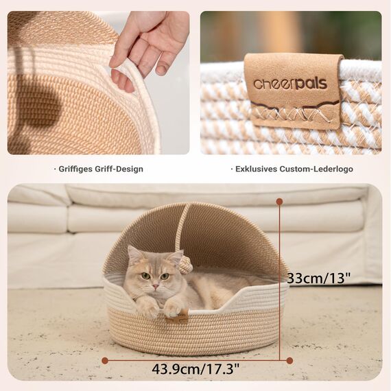 CheerPals Katzenbett Geflochten & Katzenhöhle mit Deckel – Formstabiler Katzenkorb aus Kratzfestem Garn, 2-in-1 Kuschelhöhle mit Waschbarem Kissen für Versteck & Schlaf, 44x44x33cm (Beige/Blau)