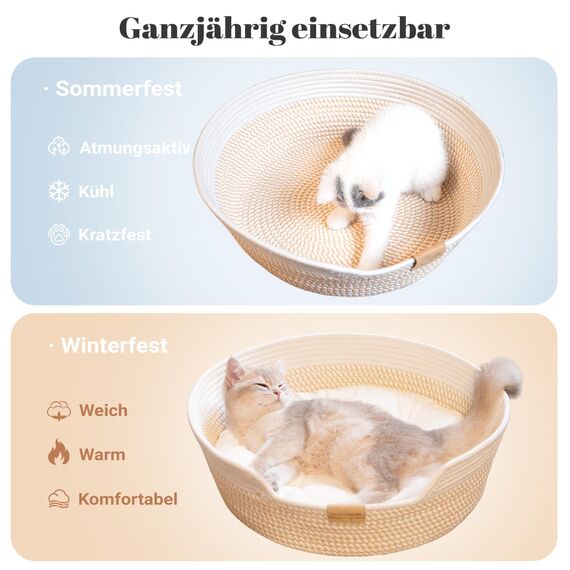 CheerPals Katzenbett mit Kissen, 47cm Waschbar Katzenkorb aus Baumwollseilen geflochten, zum Schlafen für Alle Katze, All Season Universal