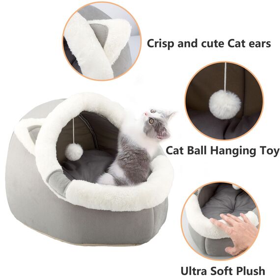 Katzenbetten für den Innenbereich mit hängendem Spielzeug, kleines Hundehöhlenbett mit Anti-Rutsch, Kätzchen-Zelt, abnehmbares gepolstertes Kissen, superweiche (Packung mit 2)