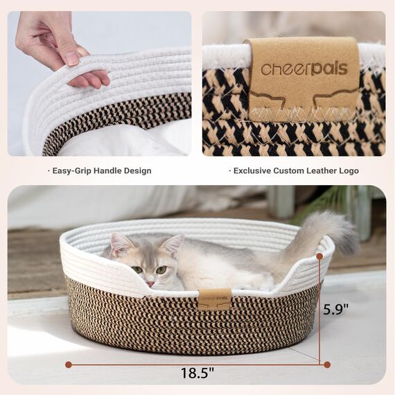 CheerPals Katzenbett mit Kissen, 47cm Waschbar Katzenkorb aus Baumwollseilen geflochten, zum Schlafen für Alle Katze, All Season Universal