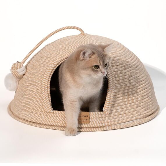 Cheerpals Katzenhöhle & Katzenbett Groß (53cm) – Formstabile Kuschelhöhle Katze aus Robustem Garngeflecht, 2-in-1 Katzenhaus mit Abnehmbarem Deckel & Waschbarem Kissen, Kratzfestes Iglu für Katzen