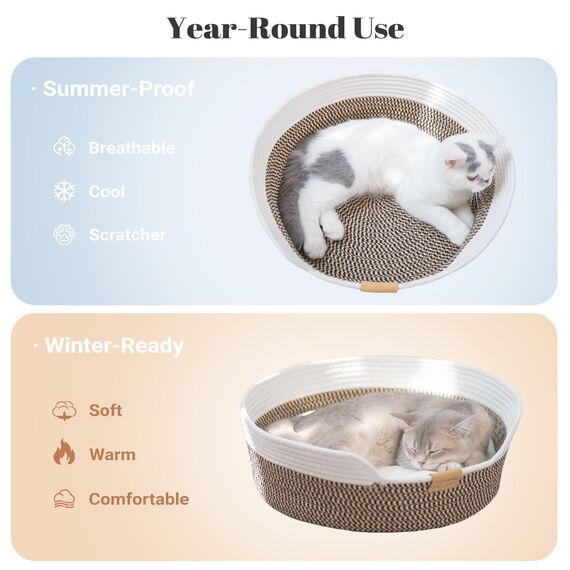 CheerPals Katzenbett mit Kissen, 47cm Waschbar Katzenkorb aus Baumwollseilen geflochten, zum Schlafen für Alle Katze, All Season Universal