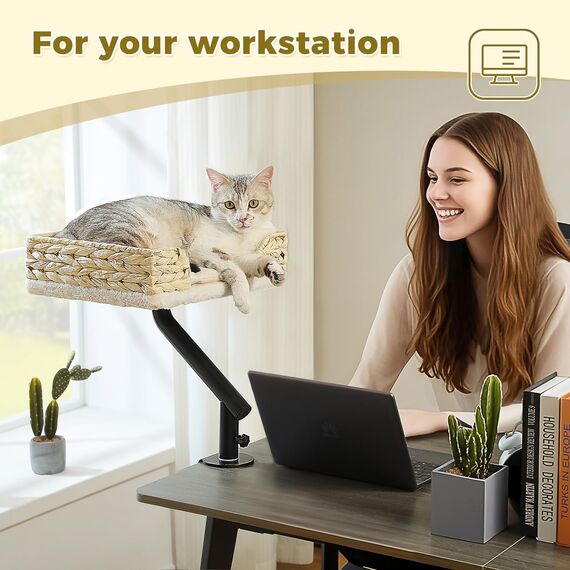 PAWZ Road Katzenbett für Schreibtisch, Katzenkorb, Katzen-Schreibtischbett aus Korbgeflecht, 360° drehbar Katzenbettständer, Katzen Hängematte für Kratzen, Katzenbett, unterstützt bis zu 22.5kg