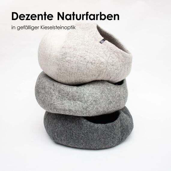 LucyBalu® Premium Katzenhöhle aus Filz | Natürliches Katzenbett aus 100% Flauschiger Wolle | Filzhöhle für Katzen handgefertigt in Nepal | Kuschelhöhle für Katzen | 45x45x28 cm | Hellgrau/Weiß