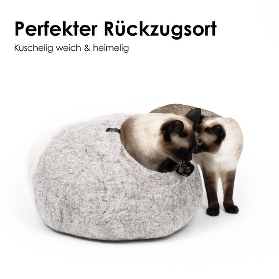 LucyBalu® Premium Katzenhöhle aus Filz | Natürliches Katzenbett aus 100% Flauschiger Wolle | Filzhöhle für Katzen handgefertigt in Nepal | Kuschelhöhle für Katzen | 45x45x28 cm | Hellgrau/Weiß