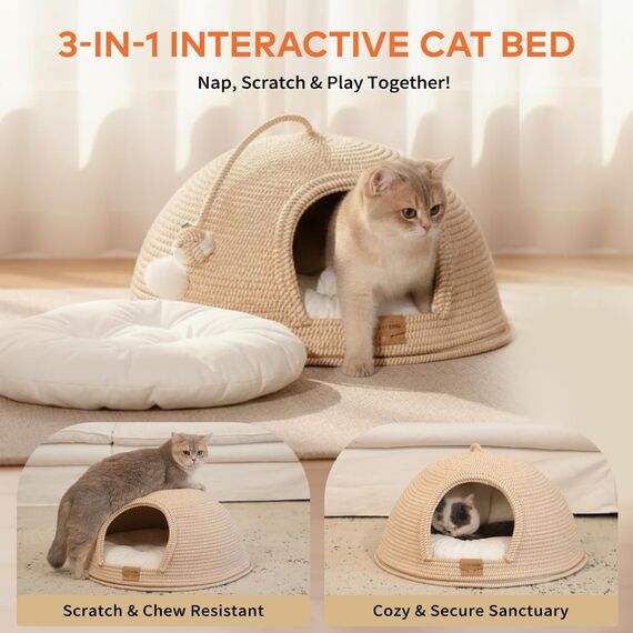 Cheerpals Katzenhöhle & Katzenbett Groß (53cm) – Formstabile Kuschelhöhle Katze aus Robustem Garngeflecht, 2-in-1 Katzenhaus mit Abnehmbarem Deckel & Waschbarem Kissen, Kratzfestes Iglu für Katzen