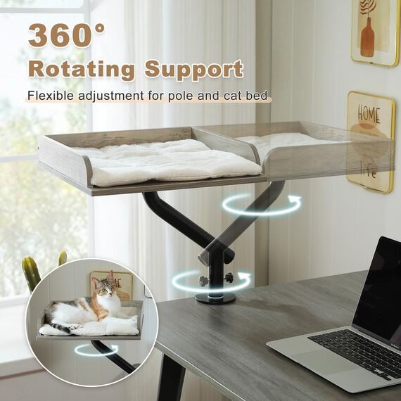 PAWZ Road Katzenbett für Schreibtisch, Holz-Katzenbett für drinnen, Katzenkorb, 360° drehbar & höhenverstellbar, Katzen Hängematte für Kratzen, unterstützt bis zu 23kg, Grau