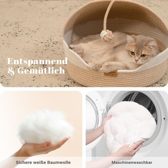 CheerPals Katzenbett Geflochten & Katzenhöhle mit Deckel – Formstabiler Katzenkorb aus Kratzfestem Garn, 2-in-1 Kuschelhöhle mit Waschbarem Kissen für Versteck & Schlaf, 44x44x33cm (Beige/Blau)