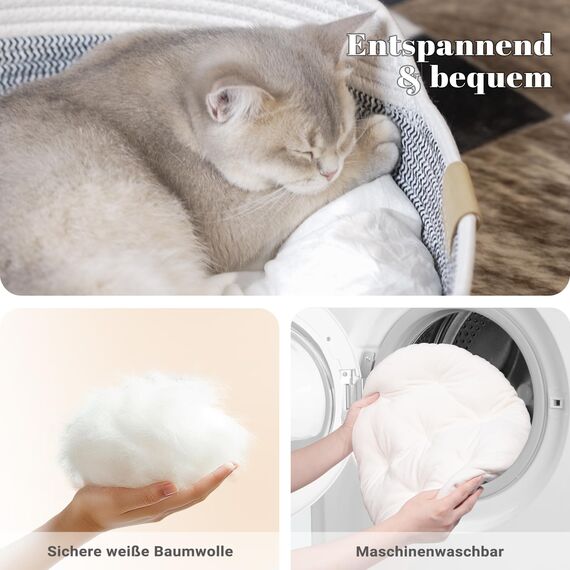 CheerPals Katzenbett mit Kissen, 47cm Waschbar Katzenkorb aus Baumwollseilen geflochten, zum Schlafen für Alle Katze, All Season Universal