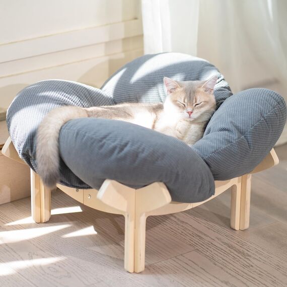 CheerPals Erhöhtes Katzenbett Blumenform, 55cm L&W Großes Katzensofa, Stilvoll Katzenstuhl mit Hochelastischer Weich Kissen, Katzenmöbel zum Schlafen für Alle Katze