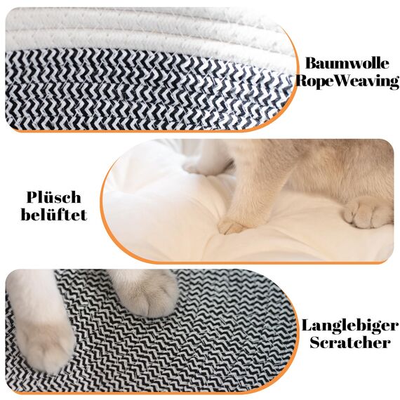 CheerPals Katzenbett mit Kissen, 47cm Waschbar Katzenkorb aus Baumwollseilen geflochten, zum Schlafen für Alle Katze, All Season Universal