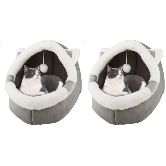 Katzenbetten für den Innenbereich mit hängendem Spielzeug, kleines Hundehöhlenbett mit Anti-Rutsch, Kätzchen-Zelt, abnehmbares gepolstertes Kissen, superweiche (Packung mit 2)