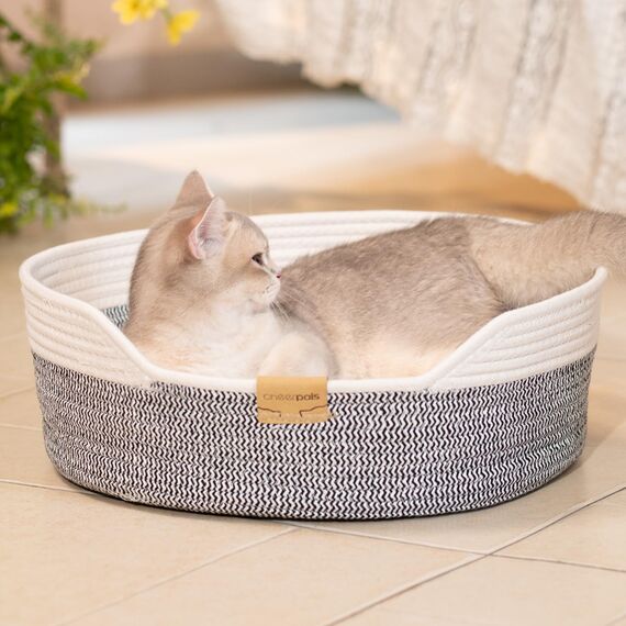 CheerPals Katzenbett mit Kissen, 47cm Waschbar Katzenkorb aus Baumwollseilen geflochten, zum Schlafen für Alle Katze, All Season Universal