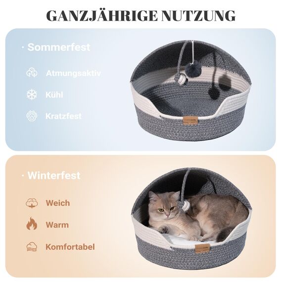 CheerPals Katzenbett Geflochten & Katzenhöhle mit Deckel – Formstabiler Katzenkorb aus Kratzfestem Garn, 2-in-1 Kuschelhöhle mit Waschbarem Kissen für Versteck & Schlaf, 44x44x33cm (Beige/Blau)