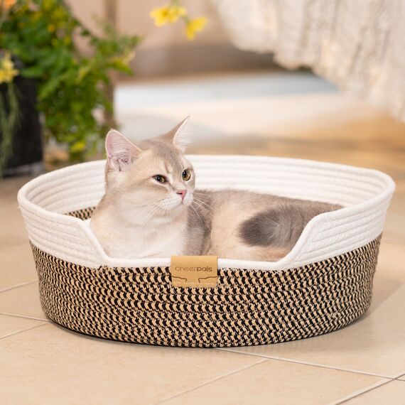CheerPals Katzenbett mit Kissen, 47cm Waschbar Katzenkorb aus Baumwollseilen geflochten, zum Schlafen für Alle Katze, All Season Universal