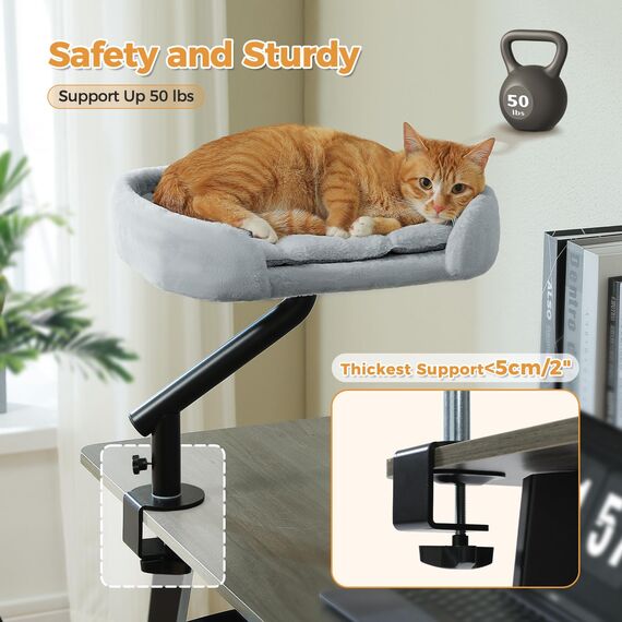 PAWZ Road Katzenbett für Schreibtisch mit interaktivem Plüschball, Katzenkorb, 360° drehbar Katzenbettständer, Katzen Hängematte für Kratzen, Katzenbett, unterstützt bis zu 22.5kg, Grau