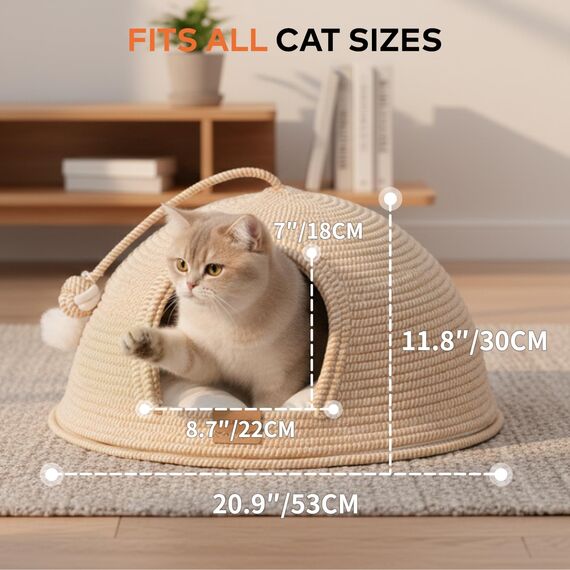 Cheerpals Katzenhöhle & Katzenbett Groß (53cm) – Formstabile Kuschelhöhle Katze aus Robustem Garngeflecht, 2-in-1 Katzenhaus mit Abnehmbarem Deckel & Waschbarem Kissen, Kratzfestes Iglu für Katzen