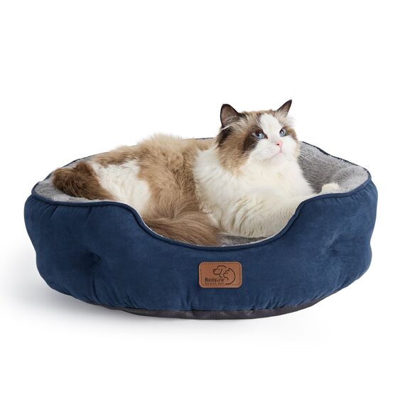 BEDSURE Katzenbett waschbar Katzen Bettchen - 51x48x15cm Katzenkorb mit zweiseitig Innenkissen Katzenschlafplatz für Katzen oder kleine Hunde, Navyblau