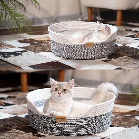 CheerPals Katzenbett mit Kissen, 47cm Waschbar Katzenkorb aus Baumwollseilen geflochten, zum Schlafen für Alle Katze, All Season Universal