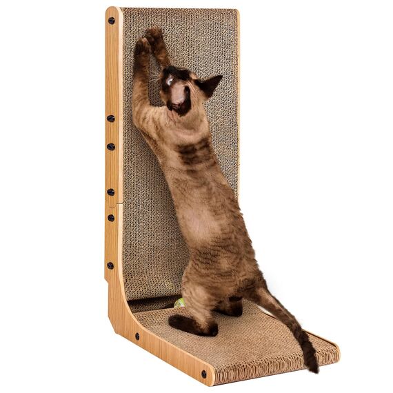 EHEYCIGA Kratzbrett Katze, 68 cm Hohe L Förmige Kratzpappe für Katzen, Hochdichtes Verschleißfestes Kratzmöbel mit Katzenspielzeug, Katzenkratzbrett für Wand und Ecke, Groß