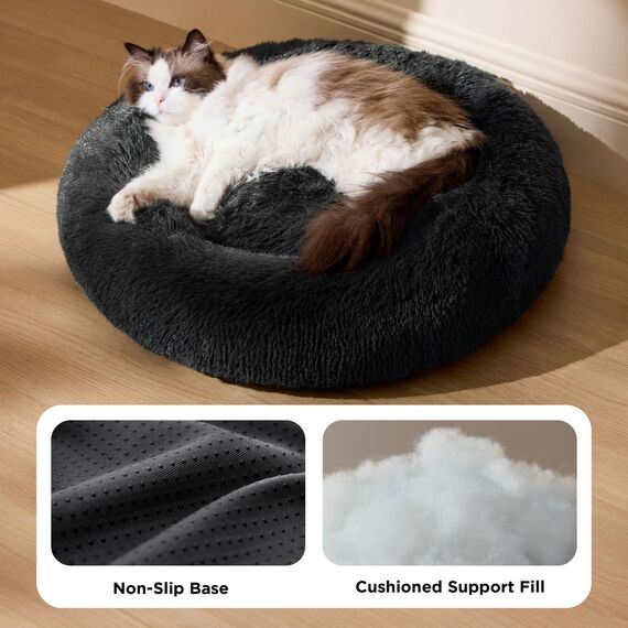 BEDSURE Katzenbett waschbar Flauschiges Hundebett - Ø 50 cm Rund Kissen, Katzenschlafplatz für Katzen Kleine Mittelgroße Hunde, Plüsch Katzenkissen Rund Kuschelbett Katzen Bettchen, Dunkelgrau