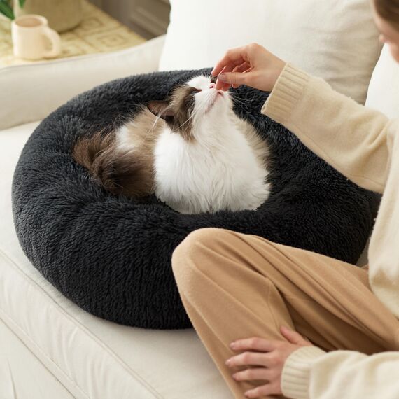 BEDSURE Katzenbett waschbar Flauschiges Hundebett - Ø 50 cm Rund Kissen, Katzenschlafplatz für Katzen Kleine Mittelgroße Hunde, Plüsch Katzenkissen Rund Kuschelbett Katzen Bettchen, Dunkelgrau