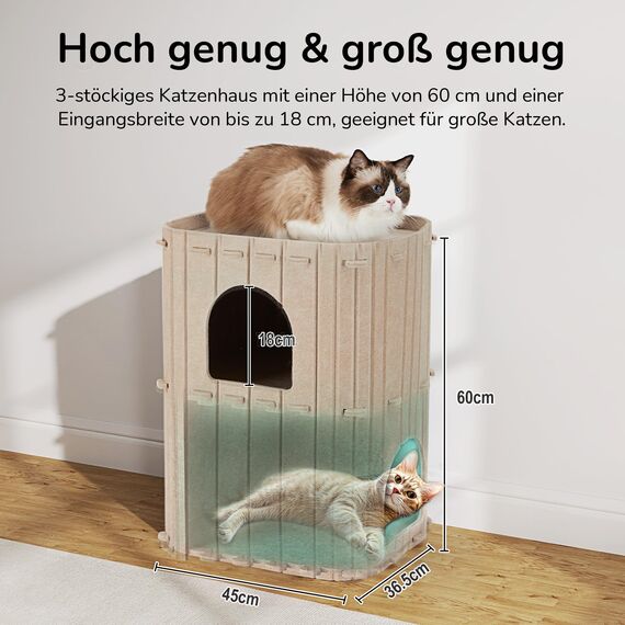 FUKUMARU Katzenhöhle,Stabile Katzenhöhle aus hochwertigem Filz，Katzenhaus Indoor 3 Schicht Katzenbett ，Katzen Höhle zum Schlafen, Spielen und Verstecken，Filzhöhle beige，45 x 37 x 60cm，Groß