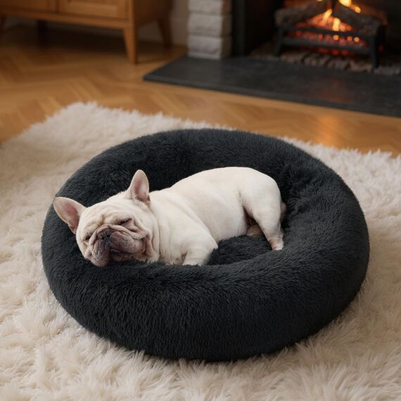BEDSURE Hundebett waschbar Flauschiges Katzenbett - Ø 70 cm Katzenschlafplatz für Katzen und Hunde, plüsch Katzenkissen rund Kuschelbett, Dunkelgrau